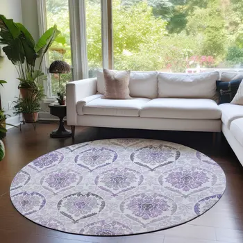 8' Purple Lavender And Gray Round Medallion Washable Indoor Outdoor Area Rug