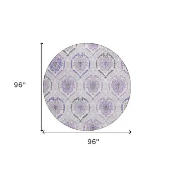 8' Purple Lavender And Gray Round Medallion Washable Indoor Outdoor Area Rug
