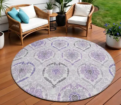 8' Purple Lavender And Gray Round Medallion Washable Indoor Outdoor Area Rug