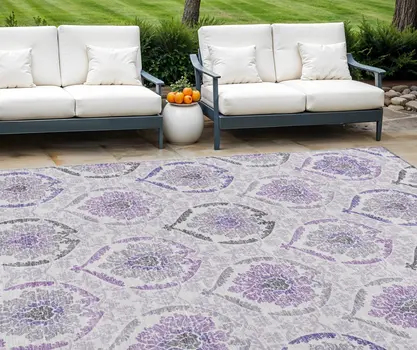 9' X 12' Purple Lavender And Gray Medallion Washable Indoor Outdoor Area Rug