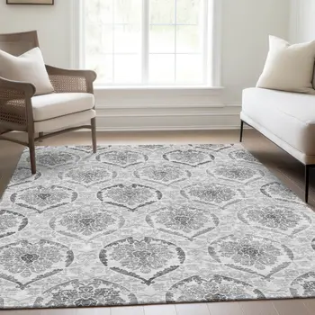 5' X 8' Silver Gray And Charcoal Medallion Washable Indoor Outdoor Area Rug