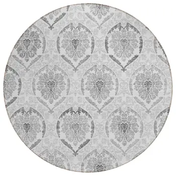 8' Silver Gray And Charcoal Round Medallion Washable Indoor Outdoor Area Rug