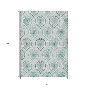 3' X 5' Teal Blue Silver And Gray Medallion Washable Indoor Outdoor Area Rug