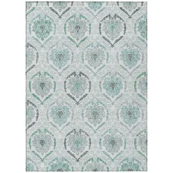 3' X 5' Teal Blue Silver And Gray Medallion Washable Indoor Outdoor Area Rug