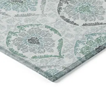 3' X 5' Teal Blue Silver And Gray Medallion Washable Indoor Outdoor Area Rug