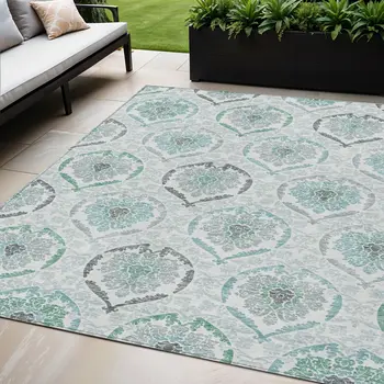 5' X 8' Teal Blue Silver And Gray Medallion Washable Indoor Outdoor Area Rug