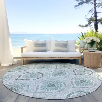 8' Teal Blue Silver And Gray Round Medallion Washable Indoor Outdoor Area Rug