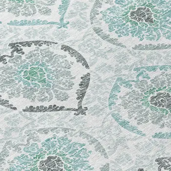 8' Teal Blue Silver And Gray Round Medallion Washable Indoor Outdoor Area Rug