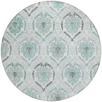 8' Teal Blue Silver And Gray Round Medallion Washable Indoor Outdoor Area Rug