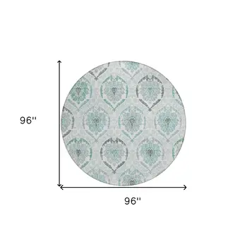 8' Teal Blue Silver And Gray Round Medallion Washable Indoor Outdoor Area Rug