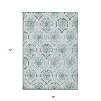 8' X 10' Teal Blue Silver And Gray Medallion Washable Indoor Outdoor Area Rug