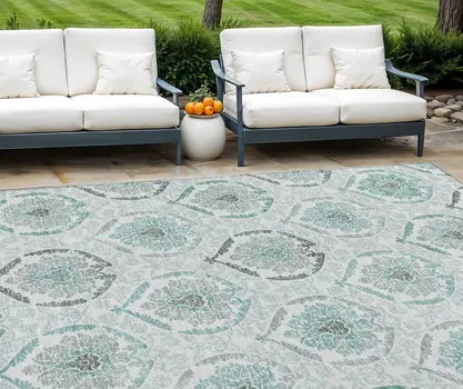 9' X 12' Teal Blue Silver And Gray Medallion Washable Indoor Outdoor Area Rug