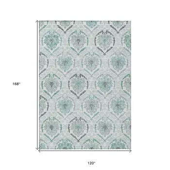 10' X 14' Teal Blue Silver And Gray Medallion Washable Indoor Outdoor Area Rug
