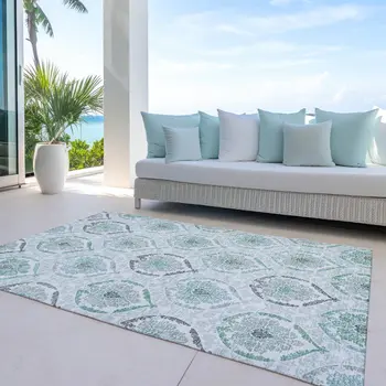 10' X 14' Teal Blue Silver And Gray Medallion Washable Indoor Outdoor Area Rug