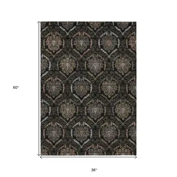 3' X 5' Black Gray And Brown Medallion Washable Indoor Outdoor Area Rug
