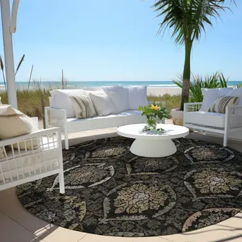 8' Black Gray And Brown Round Medallion Washable Indoor Outdoor Area Rug