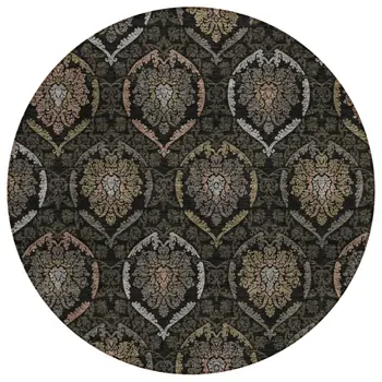 8' Black Gray And Brown Round Medallion Washable Indoor Outdoor Area Rug