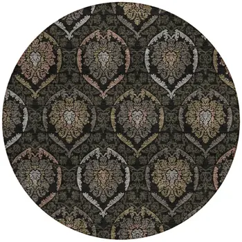 8' Black Gray And Brown Round Medallion Washable Indoor Outdoor Area Rug