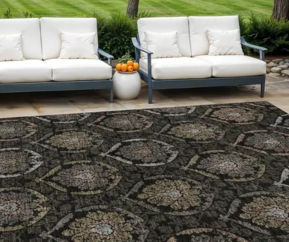 8' X 10' Black Gray And Brown Medallion Washable Indoor Outdoor Area Rug