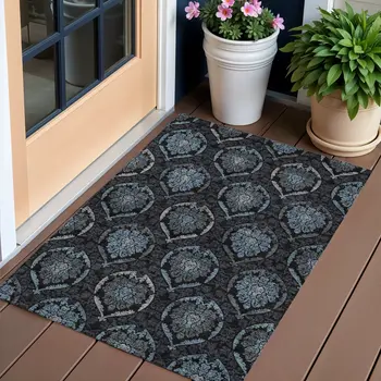 3' X 5' Blue Charcoal And Gray Medallion Washable Indoor Outdoor Area Rug
