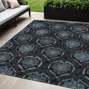 5' X 8' Blue Charcoal And Gray Medallion Washable Indoor Outdoor Area Rug