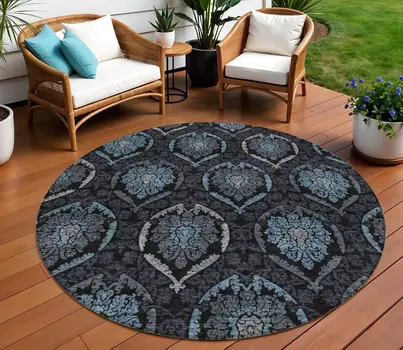 8' Blue Charcoal And Gray Round Medallion Washable Indoor Outdoor Area Rug