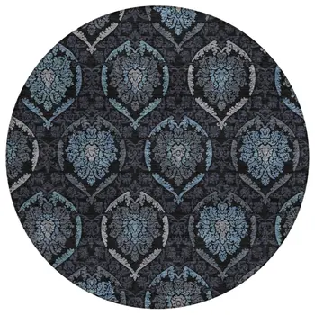 8' Blue Charcoal And Gray Round Medallion Washable Indoor Outdoor Area Rug