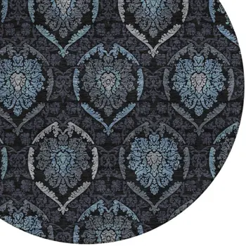 8' Blue Charcoal And Gray Round Medallion Washable Indoor Outdoor Area Rug
