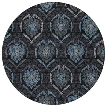 8' Blue Charcoal And Gray Round Medallion Washable Indoor Outdoor Area Rug