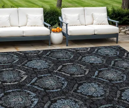 9' X 12' Blue Charcoal And Gray Medallion Washable Indoor Outdoor Area Rug