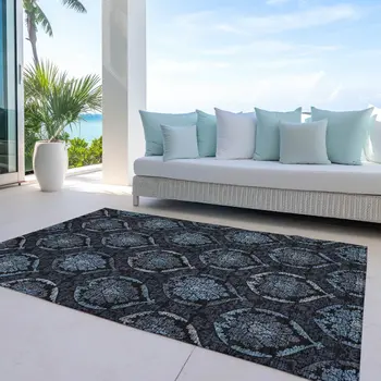 9' X 12' Blue Charcoal And Gray Medallion Washable Indoor Outdoor Area Rug