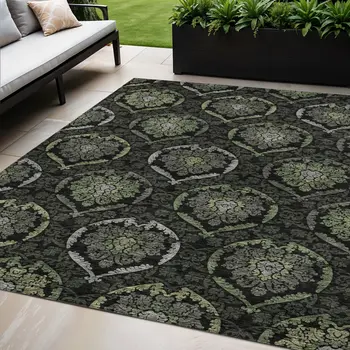 5' X 8' Green Gray And Charcoal Medallion Washable Indoor Outdoor Area Rug