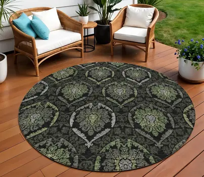 8' Green Gray And Charcoal Round Medallion Washable Indoor Outdoor Area Rug