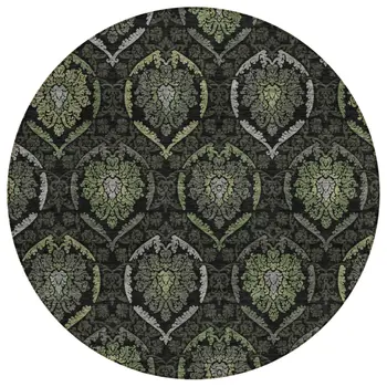 8' Green Gray And Charcoal Round Medallion Washable Indoor Outdoor Area Rug