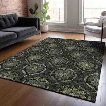 8' X 10' Green Gray And Charcoal Medallion Washable Indoor Outdoor Area Rug