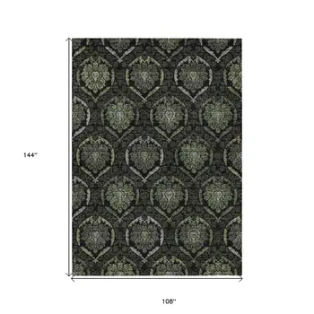 9' X 12' Green Gray And Charcoal Medallion Washable Indoor Outdoor Area Rug