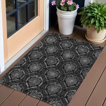 3' X 5' Gray Charcoal And Silver Medallion Washable Indoor Outdoor Area Rug