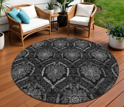 8' Gray Charcoal And Silver Round Medallion Washable Indoor Outdoor Area Rug