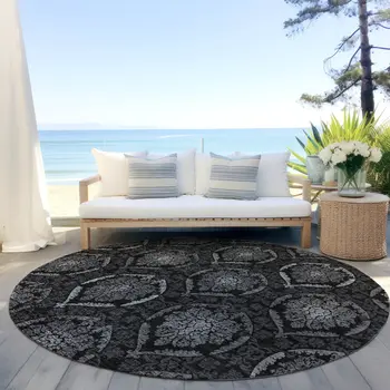 8' Gray Charcoal And Silver Round Medallion Washable Indoor Outdoor Area Rug