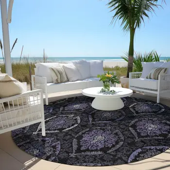 8' Purple Charcoal And Gray Round Medallion Washable Indoor Outdoor Area Rug