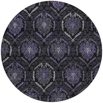 8' Purple Charcoal And Gray Round Medallion Washable Indoor Outdoor Area Rug