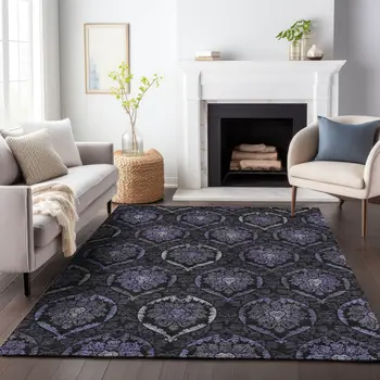 9' X 12' Purple Charcoal And Gray Medallion Washable Indoor Outdoor Area Rug