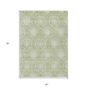 5' X 8' Artichoke Green And Ivory Medallion Washable Indoor Outdoor Area Rug