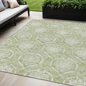 5' X 8' Artichoke Green And Ivory Medallion Washable Indoor Outdoor Area Rug