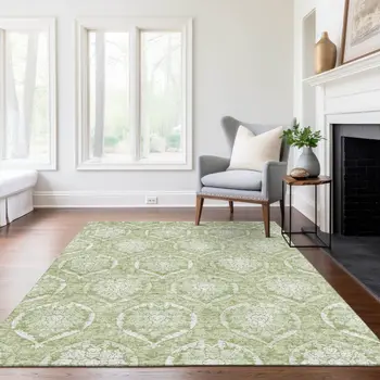 5' X 8' Artichoke Green And Ivory Medallion Washable Indoor Outdoor Area Rug