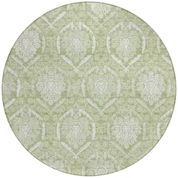 8' Artichoke Green And Ivory Round Medallion Washable Indoor Outdoor Area Rug