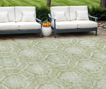 9' X 12' Artichoke Green And Ivory Medallion Washable Indoor Outdoor Area Rug