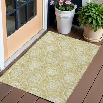 3' X 5' Gold Wheat And Ivory Medallion Washable Indoor Outdoor Area Rug