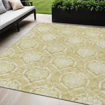 5' X 8' Gold Wheat And Ivory Medallion Washable Indoor Outdoor Area Rug