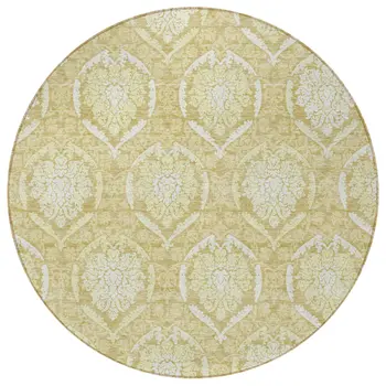 8' Gold Wheat And Ivory Round Medallion Washable Indoor Outdoor Area Rug